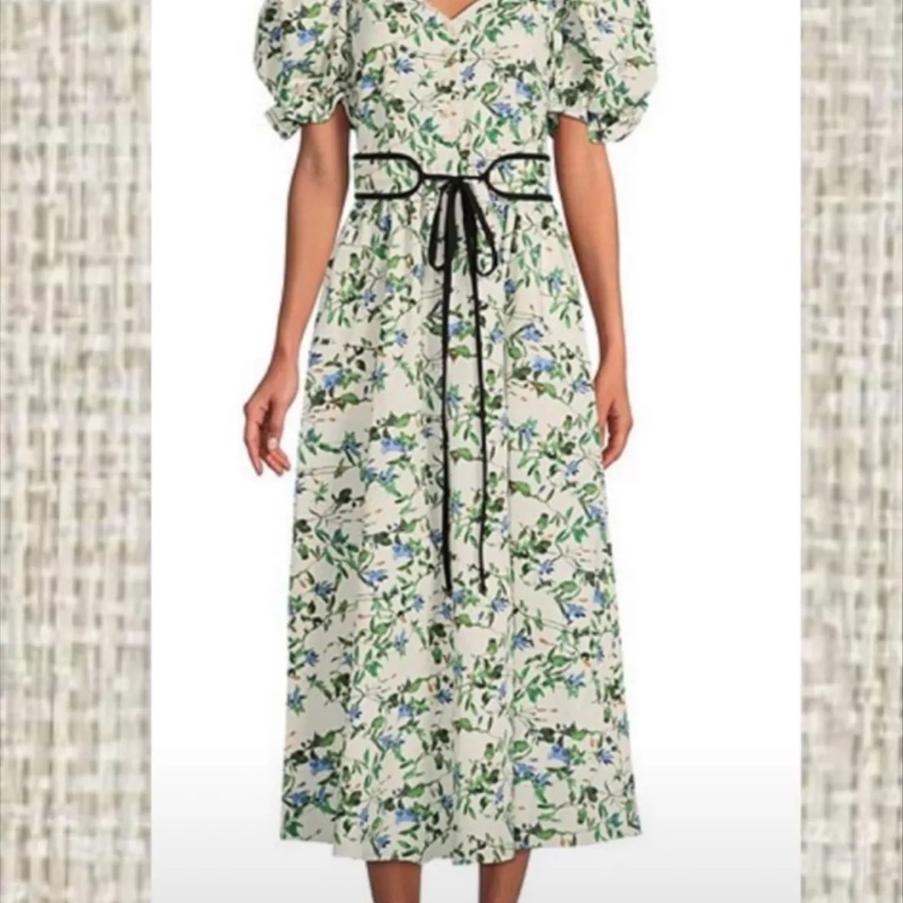 ANTONIO MELANI X Jennifer Sumko Green and White Puff Sleeve Midi Sundress
